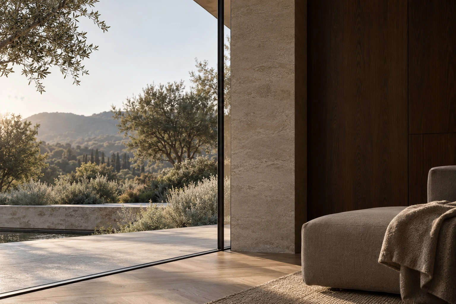 Refined residential interior opening onto a landscaped garden