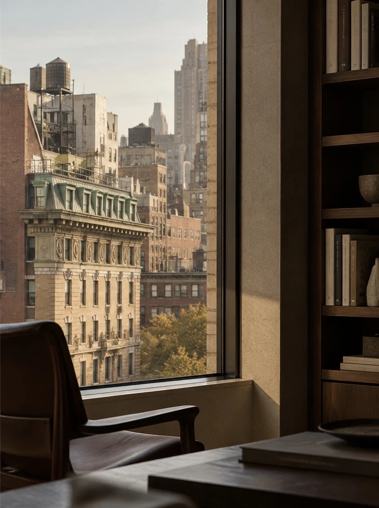 Warm New York interior overlooking historic city architecture